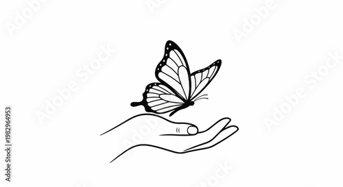 A black and white line drawing of a butterfly landing on an open hand
