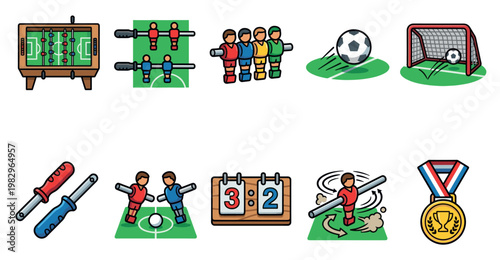 A collection of flat design icons representing various elements of soccer and foosball games, including tables, players, balls, goals, a scoreboard, and a medal.