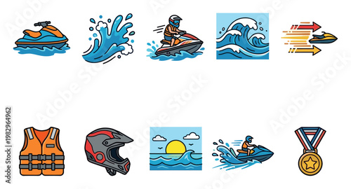 This collection of flat design icons features elements of jet skiing, including the vehicle, water splashes, safety gear, and a medal. The vibrant blues and oranges evoke a sense of fun and adventure.