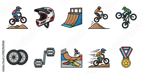 A collection of flat design icons representing bmx bicycle sports, including riders, ramps, helmets, wheels, pedals, and a medal, ideal for sports and action themes.