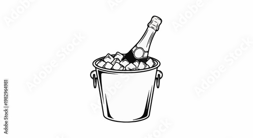 A black and white line drawing of a champagne bottle chilled in an ice bucket