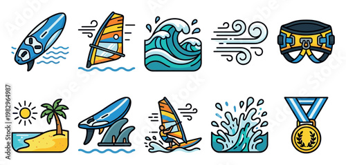 A collection of stylized vector icons depicting various water sports and related elements, including surfboards, windsurfing, waves, wind, and a medal, perfect for web design or sports themes.
