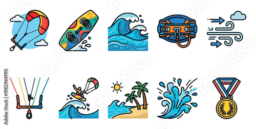 A collection of flat design icons illustrating kite surfing elements like kites, boards, waves, a harness, wind, and a medal.