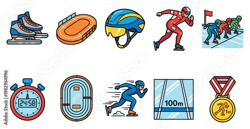 Collection of colorful flat icons representing ice skating sport elements including skates, track, helmet, racers, stopwatch, and medal.