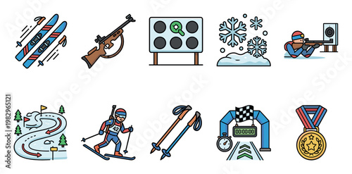 A colorful cartoon illustration depicts various icons related to the sport of biathlon, including skis, rifle, target, athlete, and medal.