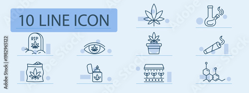 Cannabis set icon. Outline marijuana symbols, leaf, bong, eye leaf, tombstone RIP, lighter flame, molecule structure, joint, potted plant, edible bag, pipe, greenhouse, capsule.