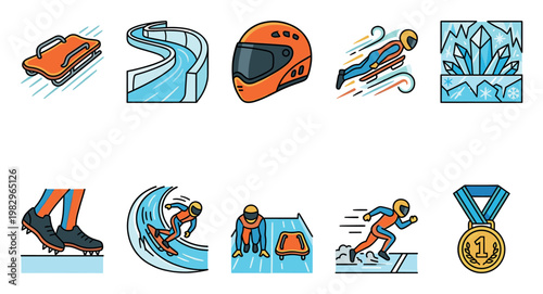 A collection of flat design vector icons depicting various winter sports like bobsledding, skiing, and a medal, perfect for sports websites and illustrations.