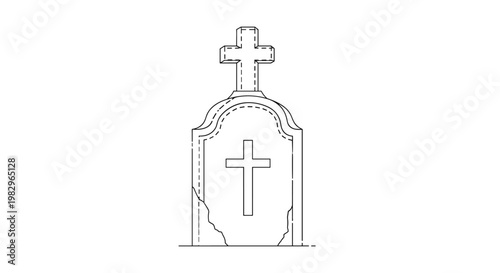 Tombstone or headstone with a cross engraving in a simple black and white line art style for spooky Halloween cemetery themes.