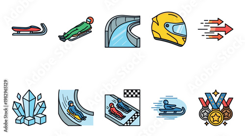 A collection of flat design icons representing winter sports like bobsledding and luge, featuring sleds, helmets, tracks, and medals.
