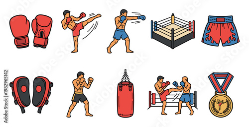 A collection of flat design cartoon icons representing boxing and Muay Thai sports, including gloves, fighters, shorts, ring, punching bag, and medal.