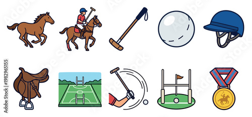 A collection of colorful flat icons representing polo sport, including horses, players, mallets, ball, saddle, field, goalposts, and medal.
