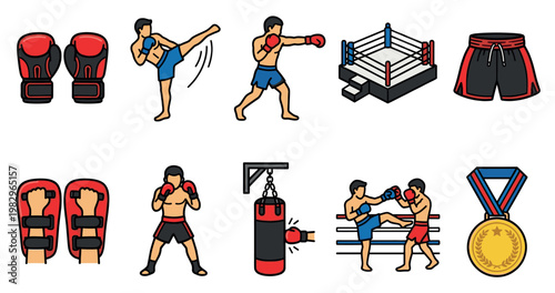 A colorful illustration featuring a collection of martial arts and boxing related icons, including fighters, equipment, and a medal.