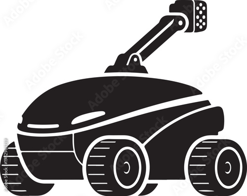 Black robotic lawn mower, autonomous gardening vehicle, modern lawnmower bot, vector illustration