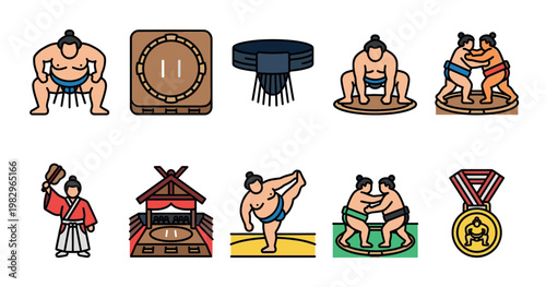 A collection of flat, colorful vector icons depicting sumo wrestling, including athletes in various poses, a dohyo, a medal, and a traditional arena.