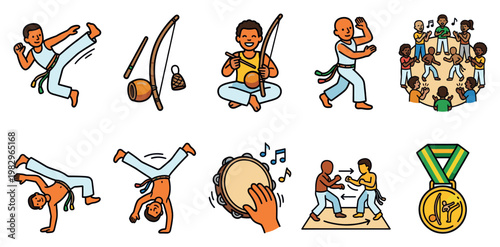 This colorful collection of flat design icons illustrates various aspects of Capoeira, a Brazilian martial art, featuring dancers, musicians, and a medal.