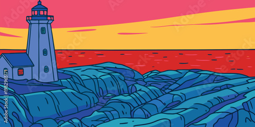Stylized Illustration Of A Lighthouse On Rocky Cliffs With A Vibrant Sunset Sky And Red Sea