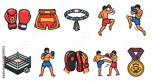 A vibrant collection of flat design illustrations representing Muay Thai combat sports, including fighters, boxing gloves, shorts, a medal, and a ring.