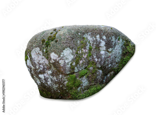Ancient mossy stone with green lichen isolated on white