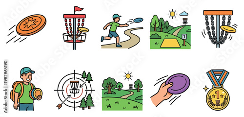A collection of flat design icons depicting disc golf elements including flying discs, baskets, courses, players, and awards, suitable for sports and recreation themes.
