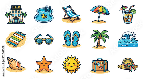 A colorful and cheerful collection of flat design icons depicting various elements associated with summer vacation and beach activities, including a hotel, pool, deck chair, umbrella, drink, towel.