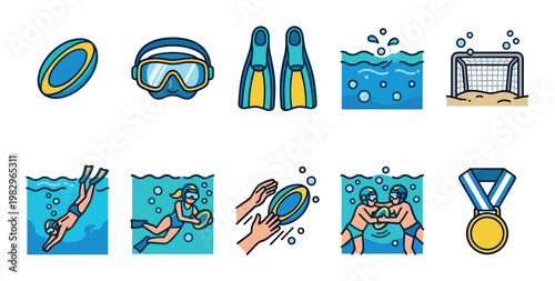 A collection of stylized, flat vector icons depicting various water sports activities including swimming, diving, water polo, and a medal, with a clean, modern aesthetic.