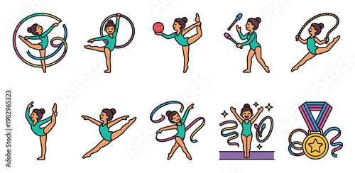 This cheerful illustration set showcases a diverse collection of rhythmic gymnastics athletes in various poses with ribbons, balls, hoops, clubs, and a medal against a clean white background.