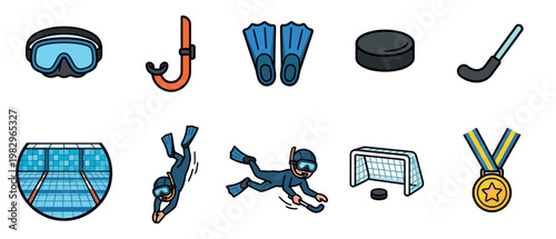 A collection of cartoon-style icons depicting swimming, diving, hockey equipment, and a medal on a white background, perfect for sports themes.