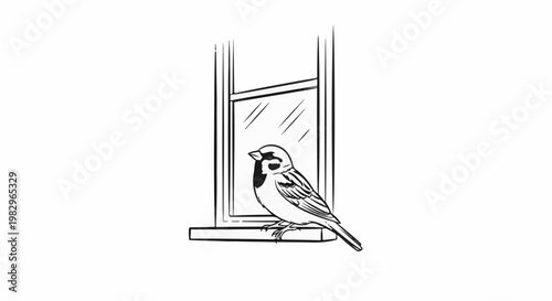 A bird sits on a windowsill in front of a window