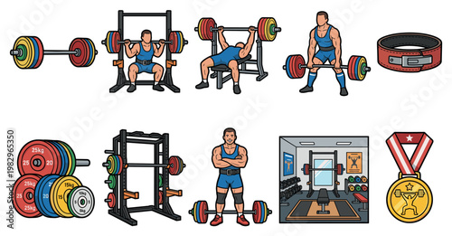 This graphic illustration depicts various weightlifting exercises, gym equipment, and a medal, perfect for fitness and sports-related content.