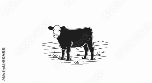 A black and white illustration of a cow standing in a field with hills