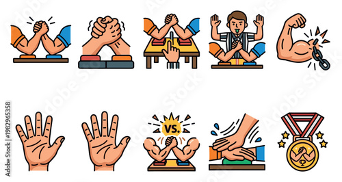 A collection of flat vector icons depicting arm wrestling, including competitors, a referee, a powerful muscle, hands, and a medal, ideal for sports or competition themes.