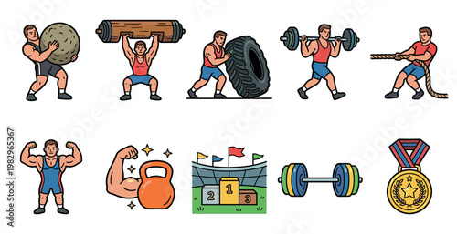 A collection of flat vector icons depicting various strength training and athletic activities, including weightlifting, tire flipping, and tug of war.