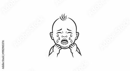 A black and white illustration of a crying baby with tears streaming down its face