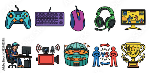 A collection of flat design icons representing gaming, including a controller, keyboard, mouse, headphones, computer monitor, streamer setup, esports arena, player comparison, and trophy.
