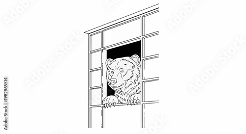 A bear peers curiously through a multi-paned window