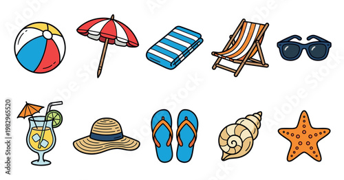 A collection of cartoon style summer beach vacation icons, including a beach ball, umbrella, towel, chair, sunglasses, drink, hat, flip flops, seashell, and starfish on a white background.