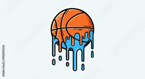 A basketball stylized to appear as if it's melting into blue liquid