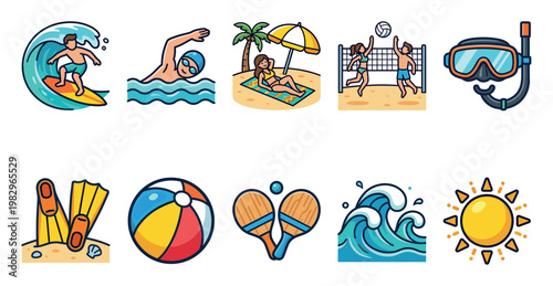 A vibrant collection of cartoon-style icons depicts various summer beach activities including surfing, swimming, sunbathing, volleyball, and snorkeling, perfect for vacation and leisure themes.