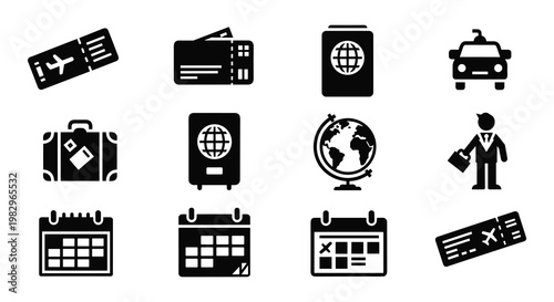 Travel and tourism icon set, black solid vector symbols for vacation planning, 12 flat icons featuring passport, boarding pass, and luggage elements