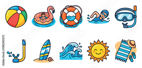 A vibrant collection of cartoon-style summer beach icons including a beach ball, flamingo float, life preserver, swimmer, goggles, snorkel, surfboard, waves, sun, and beach accessories.