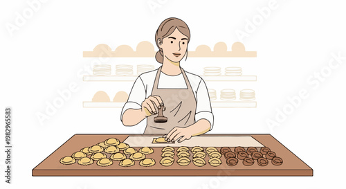 A baker stamps dough on a table with shelves holding baked goods in background