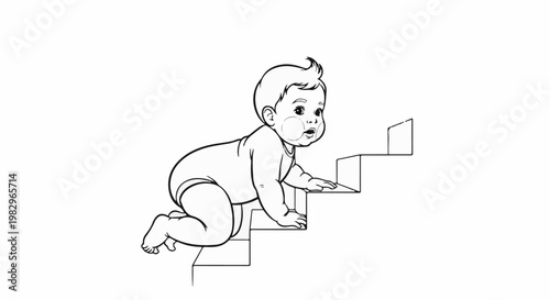 A baby is crawling up stairs, with a look of determination on its face