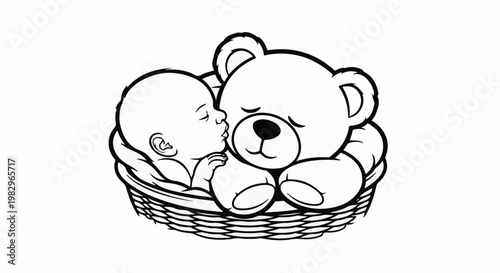 A baby and teddy bear cuddled together in a basket