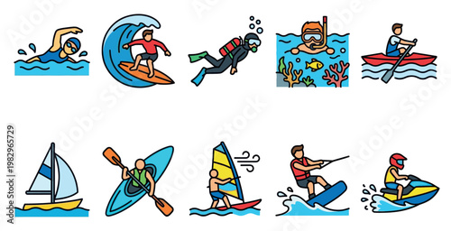 A vibrant collection of flat design icons depicting various water sports and activities, perfect for illustrating summer fun and adventure.