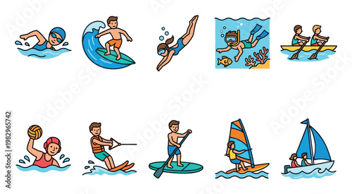 A bright and cheerful collection of flat vector illustrations depicting various summer water sports and activities enjoyed by people of all ages.