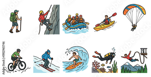This vibrant illustration showcases a variety of adventurous outdoor activities, including hiking, rock climbing, rafting, kayaking, paragliding, mountain biking, skiing, surfing, scuba diving.
