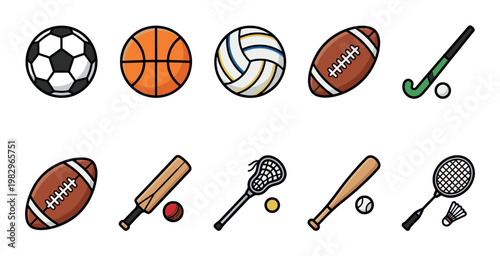 A vibrant collection of flat design sports equipment, including balls, bats, and rackets, on a clean white background.