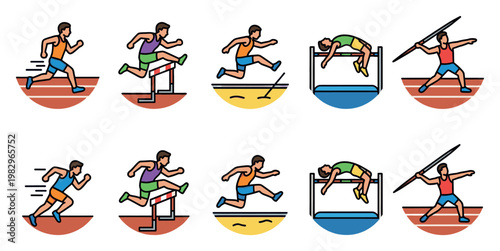 A collection of stylized flat illustrations depicting athletes engaged in track and field events such as running, hurdling, high jump, and javelin throw.