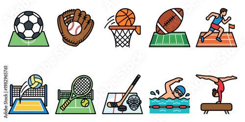 A vibrant and colorful collection of flat design icons representing various popular sports, perfect for illustrating fitness, competition, and active lifestyles.