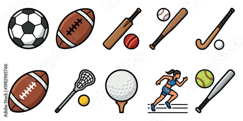 A vibrant collection of diverse sports equipment icons, including balls, bats, and a runner, arranged in a clean, illustrative style with white background.